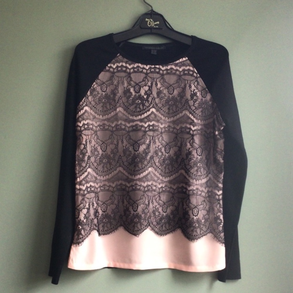 Knit & Lace Overlay Sweater Black and Pink Sz Medium